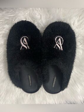 Victoria's Secret Black Fuzzy Slip-On Slippers with Embroidered Logo